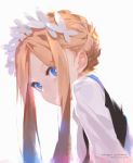  1girl abigail_williams_(fate/grand_order) alternate_hairstyle blonde_hair blue_eyes braid character_name closed_mouth eyelashes fate/grand_order fate_(series) from_side hair_ornament hair_up highres long_hair long_sleeves looking_at_viewer sidelocks simple_background sola7764 solo updo upper_body white_background 