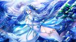  1girl azura_(fire_emblem) bangs bare_legs blue_hair bow breasts bubble commentary_request detached_sleeves dress feet_out_of_frame fire_emblem fire_emblem_fates gloves hair_between_eyes hair_ornament highres long_hair medium_breasts panties plant sidelocks solo thighlet tongari underwater underwear veil very_long_hair white_dress white_gloves white_panties yellow_eyes 