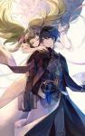  1boy 1girl armor barefoot black_gloves blue_eyes blue_hair book byleth_(fire_emblem) cloak cowboy_shot dress eyebrows_visible_through_hair eyes_visible_through_hair fire_emblem fire_emblem:_three_houses floating gauntlets gloves green_eyes green_hair hair_ornament hair_ribbon high_collar highres knife long_hair looking_at_another pants pointy_ears ribbon short_hair simple_background smile sothis_(fire_emblem) thighs twintails white_background wristband yubari 