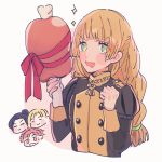  1girl 3boys black_hair blonde_hair boned_meat buttons clenched_hand closed_eyes closed_mouth dimitri_alexandre_blaiddyd drooling felix_hugo_fraldarius fire_emblem fire_emblem:_three_houses food garreg_mach_monastery_uniform gift green_eyes highres holding holding_food ingrid_brandl_galatea long_hair long_sleeves low-tied_long_hair meat multiple_boys open_mouth redhead ribbon short_hair simple_background smile solo_focus sparkle sylvain_jose_gautier uniform upper_body white_background yumeutux 