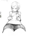  1girl breasts closed_mouth commentary highres kotoyama looking_at_viewer medium_hair monochrome original simple_background sketch skirt solo white_background 