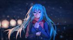  1girl absurdres bangs bing_xia_changzhi blue_coat blue_eyes blue_hair blurry blurry_background closed_mouth eyebrows_visible_through_hair floating_hair hatsune_miku highres long_hair long_sleeves looking_at_viewer night outdoors red-framed_eyewear shiny shiny_hair smile snowing solo upper_body very_long_hair vocaloid 