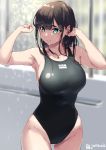  1girl aqua_eyes armpits arms_up bangs bare_arms bare_hips bare_shoulders black_hair black_swimsuit blurry blurry_background blush collarbone commentary_request competition_swimsuit cowboy_shot depth_of_field eyebrows_visible_through_hair groin hand_in_hair highleg highleg_swimsuit jonsun long_hair looking_away looking_to_the_side mole mole_under_eye one-piece_swimsuit original solo swimsuit twitter_username wet wet_hair 