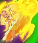  1girl amamiya_erena blonde_hair choker cure_soleil earrings fire haruyama_kazunori jewelry kicking long_hair magical_girl mole mole_under_eye open_mouth precure solo star_twinkle_precure thighs violet_eyes 