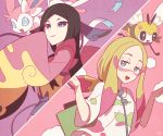  2girls black_hair blonde_hair breasts flying gen_6_pokemon gen_7_pokemon grey_eyes gym_leader hair_ribbon japanese_clothes kimono looking_at_viewer mache_(pokemon) matsurika_(pokemon) multiple_girls notebook pokemon pokemon_(creature) pokemon_(game) pokemon_sm pokemon_xy ribbon ribombee short_sleeves signature sleeves_past_wrists small_breasts smile ssalbulre sylveon trial_captain upper_body 