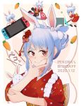  1girl animal_ear_fluff animal_ears bangs blue_hair braid braided_bun carrot chibi closed_mouth commentary dated double_bun doyagao eyebrows_visible_through_hair go_kart hand_on_own_chin happy_birthday highres hololive japanese_clothes kimono multicolored_hair nintendo_switch pickaxe rabbit_ears red_eyes red_kimono short_hair short_sleeves sidelocks smile smug thick_eyebrows thinking upper_body usada_pekora uta_(mskmkt3822) white_hair wide_sleeves 