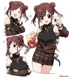  1girl black_sweater blush_stickers breast_hold breasts brown_hair brown_jacket candy chain chocolate closed_eyes cowboy_shot crossed_arms double_bun earrings eyebrows_visible_through_hair finger_to_cheek food hair_ornament hairclip heart heart_earrings idolmaster idolmaster_shiny_colors jacket jewelry long_sleeves looking_at_viewer looking_away medium_breasts medium_hair miniskirt multiple_views nail_polish necklace off_shoulder open_mouth partially_unzipped pink_nails plaid plaid_skirt pout red_eyes ribbed_sweater shisoneri short_twintails simple_background skirt sleeveless sleeveless_sweater sleeveless_turtleneck smile solo sonoda_chiyoko sweatdrop sweater thighs turtleneck turtleneck_sweater twintails twitter_username white_background x_hair_ornament 