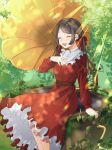  1girl :d bow brown_hair closed_eyes day dress furi08283370 hair_bow hand_up highres light_rays long_hair low_twintails open_mouth original outdoors phonograph red_bow red_dress sitting smile sunbeam sunlight twintails 