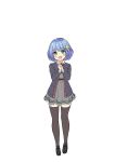  1girl :o asa_no_ha black_footwear blue_hair blush braid flat_color full_body green_eyes grey_skirt hair_ornament hands_together hands_up highres looking_at_viewer short_hair simple_background skirt solo standing star star_hair_ornament thigh-highs white_background 