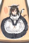  1girl :3 :d absurdres animal_ear_fluff animal_ears apron bangs black_dress black_hair blush bow cat_ears cat_girl cat_tail collared_dress commentary_request dress eyebrows_visible_through_hair fang frilled_apron frills full_body hair_between_eyes highres indoors juliet_sleeves long_hair long_sleeves looking_at_viewer maid maid_apron maid_headdress on_floor open_mouth original pentagon_(railgun_ky1206) puffy_sleeves smile solo tail tail_bow translated v_arms violet_eyes white_apron white_bow wooden_floor 