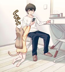 1boy 1girl 40hara animal_ears bad_link bangs barefoot black_hair blonde_hair blunt_bangs cat_ears cat_girl cat_tail cellphone chair cup eyebrows_visible_through_hair indoors kinako kinako_(40hara) kneeling long_hair looking_at_another mug original phone shirt short_hair sitting slippers smartphone sweater table tail tissue_box translated white_shirt yellow_sweater