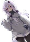  1girl ahoge bangs black_legwear blush commentary_request drawstring dutch_angle eyebrows_visible_through_hair grey_hoodie hair_between_eyes hair_ornament hand_up highres hood hood_down hoodie long_hair long_sleeves looking_at_viewer milkpanda open_mouth pantyhose purple_hair sidelocks simple_background sleeves_past_wrists solo violet_eyes voiceroid white_background yuzuki_yukari 