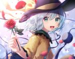  1girl :d aqua_eyes bangs black_headwear blue_hair blush eyebrows_visible_through_hair flower frilled_sleeves frills from_side hat hat_ribbon heart heart_of_string highres holding holding_flower komeiji_koishi leaf light_rays looking_at_viewer looking_to_the_side mozuno_(mozya_7) open_mouth petals red_flower red_rose ribbon rose rose_petals shirt short_hair smile solo sunbeam sunlight third_eye touhou upper_body wide_sleeves yellow_ribbon yellow_shirt 