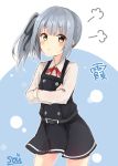  1girl :t =3 bangs belt black_belt black_dress blush brown_eyes crossed_arms dress eyebrows_visible_through_hair grey_hair hair_ribbon kantai_collection kasumi_(kantai_collection) long_hair long_sleeves neck_ribbon pinafore_dress ponytail red_neckwear remodel_(kantai_collection) ribbon shirt side_ponytail signature simple_background solo sou_(soutennkouchi) white_shirt 