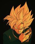  1boy arm_at_side backlighting black_background black_shirt black_theme clenched_teeth close-up commentary_request dougi dragon_ball dragon_ball_super earrings evil_smile fenyon fingernails from_above gokuu_black hand_on_own_chest jewelry long_sleeves looking_at_viewer looking_up male_focus monochrome orange_theme potara_earrings ring shaded_face shirt simple_background single_earring smile spiky_hair super_saiyan_rose teeth upper_body v-shaped_eyebrows 
