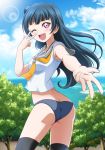  1girl ;d ass bangs black_legwear blue_hair blue_sky blush butt_crack clouds collarbone collared_shirt cowboy_shot day eyebrows_visible_through_hair floating_hair grey_panties grey_sailor_collar hanzou highres lens_flare long_hair looking_at_viewer love_live! love_live!_sunshine!! neckerchief one_eye_closed open_mouth outdoors outstretched_arms panties pink_eyes sailor_collar sailor_shirt shiny shiny_hair shirt sky sleeveless sleeveless_shirt smile solo standing thigh-highs tsushima_yoshiko underwear very_long_hair w white_shirt yellow_neckwear 
