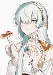  1girl anastasia_(fate/grand_order) dual_wielding eating fate/grand_order fate_(series) food food_on_face fork hairband holding jewelry long_hair maniwa pancake pendant silver_hair 