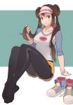  1girl ass black_legwear blush breasts brown_hair cheshirrr closed_mouth commentary double_bun feet green_eyes hat highres legs legwear_under_shorts long_hair looking_at_viewer mei_(pokemon) pantyhose poke_ball pokemon pokemon_(game) pokemon_bw2 raglan_sleeves shirt shoes_removed shorts smile solo twintails visor_cap 