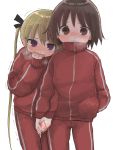  2girls blonde_hair blue_eyes brown_eyes brown_hair cowboy_shot hand_in_pocket highres holding_hands hozonsui jacket kill_me_baby long_hair multiple_girls nose_drip oribe_yasuna pants red_jacket red_pants short_hair sonya_(kill_me_baby) standing track_jacket track_pants track_suit trembling twintails 
