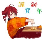  2019 ahoge anco8pizz commentary drill drill_hair fingers_together food from_side fruit happy_new_year japanese_clothes kasane_teto kimono kotatsu looking_at_viewer looking_to_the_side mandarin_orange new_year orange_kimono orange_peel plaid_kimono red_eyes redhead short_hair smile stretch table translated twin_drills upper_body utau white_background 