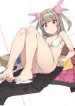  1girl absurdres ass bare_arms bare_legs barefoot bra cloba collarbone commentary_request feet grey_hair hair_ornament highres jacket jacket_removed long_hair looking_at_viewer natori_sana panties pants pants_removed reclining red_eyes sana_channel solo two_side_up underwear virtual_youtuber white_bra white_panties 