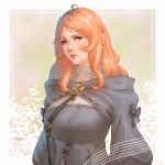  1girl ahoge artist_name bangs blue_eyes border breasts brown_hair closed_mouth final_fantasy final_fantasy_xiv highres hyur lips long_hair looking_at_viewer medium_breasts outside_border polkin solo upper_body white_border 