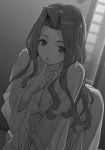  1girl all_fours breasts collarbone dress finger_to_mouth greyscale hair_intakes highres index_finger_raised kiyotaki_keika large_breasts long_dress long_hair long_sleeves looking_at_viewer monochrome nightgown novel_illustration official_art ryuuou_no_oshigoto! see-through_silhouette shiny shiny_hair shirabi solo very_long_hair 