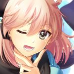  1girl ;d blurry blurry_background eyebrows_visible_through_hair fate_(series) floating_hair grey_eyes hair_between_eyes koha-ace looking_at_viewer okita_souji_(fate) okita_souji_(fate)_(all) one_eye_closed open_mouth portrait riako short_hair silver_hair smile solo 