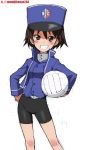  1girl alternate_costume artist_name ball bangs bc_freedom_(emblem) bc_freedom_military_uniform bike_shorts black_shorts blue_headwear blue_jacket blue_vest brown_eyes brown_hair commentary dress_shirt emblem girls_und_panzer hand_on_hip hat high_collar holding holding_ball isobe_noriko jacket kayabakoro kepi long_sleeves looking_at_viewer military military_hat military_uniform shirt short_hair short_shorts shorts simple_background sketch smile solo standing twitter_username uniform vest volleyball white_background white_shirt 