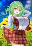 1girl ascot blue_sky breasts buttons flower green_hair highres kazami_yuuka kazehouri_(syarodio_ganon) large_breasts miniskirt red_eyes red_skirt red_vest shirt skirt skirt_lift sky sunflower touhou vest white_shirt yellow_ascot