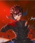  1boy adjusting_clothes adjusting_gloves amamiya_ren black_hair brown_eyes gloves gradient gradient_background hand_up highres long_sleeves looking_at_viewer male_focus mask mouth_hold natsue_lxa persona persona_5 pocket popped_collar red_eyes red_gloves short_hair simple_background smile solo standing upper_body 