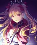  1girl bangs blonde_hair bow cape collarbone detached_collar diadem earrings ereshkigal_(fate/grand_order) eyebrows_visible_through_hair fate/grand_order fate_(series) floating_hair hair_bow highres jewelry long_hair open_mouth red_bow red_cape red_eyes solo takibixt twintails twitter_username upper_body very_long_hair 