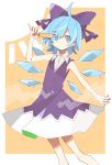  1girl absurdres ahoge blue_eyes blue_hair blush bow cirno detached_wings dress dripping feet_out_of_frame food hair_bow hand_up highres holding holding_food ice ice_wings looking_at_viewer mamimu_(ko_cha_22) popsicle purple_bow purple_dress short_hair sleeveless sleeveless_dress solo standing sun touhou wings yellow_background 