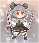  1girl animal_ears bangs basket black_skirt black_vest blue_capelet blue_footwear blush capelet caramell0501 chibi commentary_request dowsing_rod eyebrows_visible_through_hair full_body grey_background grey_hair holding jewelry long_sleeves looking_at_viewer miniskirt mouse mouse_ears mouse_tail nazrin outline partial_commentary pendant red_eyes shirt shoes short_hair skirt skirt_set smile socks solo standing tail tail_hold touhou vest white_legwear white_outline white_shirt 