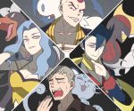  1girl 3boys ^_^ absol alolan_form alolan_persian bisharp black_hair breasts claws cleavage closed_eyes collarbone creature elite_four face furrowed_eyebrows gen_2_pokemon gen_3_pokemon gen_5_pokemon gen_7_pokemon giima_(pokemon) grey_hair gym_leader hair_between_eyes houndoom island_kahuna kagetsu_(pokemon) karin_(pokemon) kuchinashi_(pokemon) large_breasts long_sleeves looking_at_viewer multiple_boys pokemon pokemon_(creature) pokemon_(game) pokemon_bw pokemon_hgss pokemon_oras pokemon_sm scarf shirt signature ssalbulre watch wristwatch yawning yellow_scarf yellow_shirt 