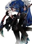  2boys argalia_(library_of_ruina) black_gloves black_hair black_jacket black_necktie black_pants blood blood_on_clothes blood_on_face blue_cape blue_jacket cape collared_shirt gloves gold_trim hair_ornament highres holding holding_scythe holding_sword holding_weapon jacket library_of_ruina long_hair long_sleeves multiple_boys necktie nishikujic pants project_moon roland_(library_of_ruina) scythe shirt simple_background sword very_long_hair weapon white_background white_hair white_shirt 