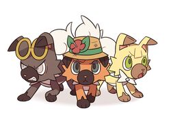  1boy 2girls animalization dog dog_focus gen_7_pokemon green_eyes grey_eyes guzma_(pokemon) lillie_(pokemon) multiple_girls no_humans pokemon pokemon_(creature) pokemon_(game) pokemon_sm pokemon_usum rockruff simple_background ssalbulre white_background 