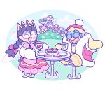  1boy 5girls bandana_waddle_dee black_hair blush braid bush chair commentary crown cup eavesdropping english_commentary fairy fairy_wings hat kcdoos king_dedede kirby_(series) kirby_64 long_hair multiple_girls open_mouth pastry plate ribbon_(kirby) ripple_star_queen robe sitting smile sweatdrop table tea tea_party twin_braids waddle_dee wings 
