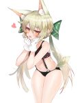  1girl :d animal_ear_fluff animal_ears art556_(girls_frontline) bangs bare_shoulders black_bra black_panties blush bow bra braid brown_eyes commentary_request dokomon eyebrows_visible_through_hair fang girls_frontline gloves green_bow green_hair hair_between_eyes hair_bow hands_up heart highres korean_commentary long_hair looking_at_viewer low_twintails navel open_mouth panties simple_background smile solo twintails underwear very_long_hair white_background white_gloves 