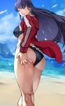  1girl 55level absurdres ass bangs beach bikini black_bikini blue_eyes breasts earrings fate/grand_order fate_(series) frilled_bikini frills green_earrings highres hoop_earrings jacket jewelry large_breasts long_hair long_sleeves looking_at_viewer looking_back ocean open_clothes open_jacket purple_hair red_jacket saint_martha saint_martha_(swimsuit_ruler)_(fate) sand smile solo sparkle swimsuit thighs water 