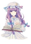  1girl blue_bow blue_ribbon blush book bow crescent crescent_hair_ornament dress frilled_sleeves frills hair_bow hair_ornament hat highres holding holding_book long_hair looking_at_viewer mob_cap open_book patchouli_knowledge purple_dress purple_hair red_bow red_ribbon ribbon simple_background solo tied_hair touhou upper_body uranaishi_(miraura) violet_eyes white_background 