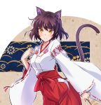  1girl animal_ears black_hair blake_belladonna cat_ears cat_girl cat_tail chihaya_(clothing) hakama hakama_pants highres hip_vent iesupa japanese_clothes miko rwby short_hair solo tail yellow_eyes 