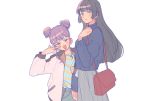  2girls :d alternate_hairstyle arm_holding bag bang_dream! bangs black_hair blue_shirt blue_sweater blush double_bun fang grey_skirt hand_on_own_chest jacket long_hair long_sleeves looking_at_viewer multiple_girls open_mouth polka_dot_skirt purple_hair red_eyes res2shuu shirokane_rinko shirt shoulder_bag sidelocks simple_background skirt smile striped striped_shirt sweater udagawa_ako unmoving_pattern v-shaped_eyebrows violet_eyes w_over_eye white_background 