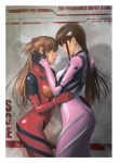  2girls blue_eyes bodysuit breasts brown_hair cowboy_shot green_eyes hands_on_another&#039;s_face headgear hug leaning_forward long_hair looking_at_another makinami_mari_illustrious medium_breasts multiple_girls neon_genesis_evangelion orange_hair pink_bodysuit plugsuit red_bodysuit shikinami_asuka_langley souryuu_asuka_langley twintails watanabe_yasuaki yuri 