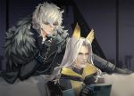  2boys animal_ear_fluff animal_ears arknights beard black_gloves closed_mouth couch earrings facial_hair fur_trim gloves grey_eyes hellagur indoors jacket jewelry long_hair long_sleeves male_focus multiple_boys mustache silver_hair silverash_(arknights) sitting standing yellow_eyes yktori 