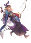  1girl arrow black_headwear black_skirt boots bow brown_hair granblue_fantasy green_eyes hat highres holding holding_weapon japanese_clothes kimono long_sleeves peki_gbf petals skirt smile solo song_(granblue_fantasy) weapon white_background winged_hat 