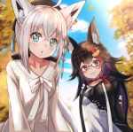  2girls absurdres ahoge alternate_costume animal_ears black_hair blue_eyes blurry blurry_background blush breasts brown_eyes collarbone commentary_request fox_ears glasses hair_ornament hat highres hololive hood hoodie looking_at_viewer multiple_girls nootomo ookami_mio shirakami_fubuki silver_hair virtual_youtuber wolf_ears 