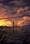  clouds cloudy_sky commentary_request grass highres leilin mountain no_humans original outdoors power_lines railroad_crossing road scenery sky sunset window 