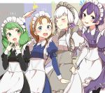  4girls annette_fantine_dominic bernadetta_von_varley blue_eyes breasts closed_eyes closed_mouth fire_emblem fire_emblem:_three_houses flayn_(fire_emblem) green_eyes green_hair grey_eyes hair_ornament height_conscious height_difference long_hair long_sleeves lysithea_von_ordelia maid maid_headdress multiple_girls open_mouth orange_hair purple_hair simple_background small_breasts smile tearing_up tori55nigen twitter_username white_hair 