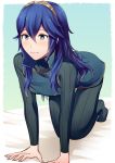  1girl all_fours ameno_(a_meno0) aqua_background arm_support bangs blue_dress blue_eyes blue_hair blush bodysuit breasts commentary_request dress eyelashes fire_emblem fire_emblem_awakening full_body gold_trim gradient gradient_background long_hair looking_at_viewer lucina lucina_(fire_emblem) no_shoes shiny shiny_hair sidelocks small_breasts solo tiara 